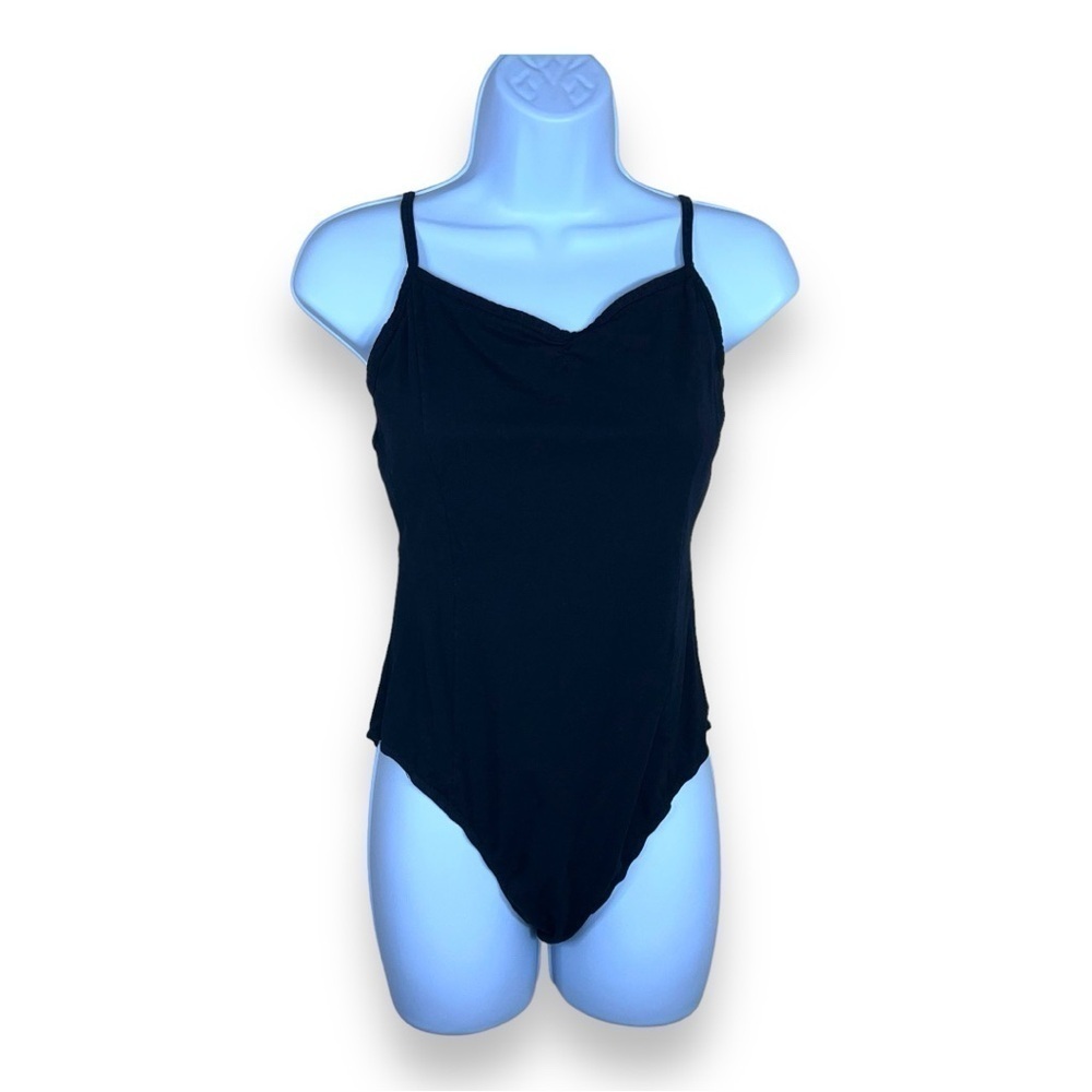 BLACK STRAPPY BODYSUIT WOMENS LARGE STRETCH COWL NECKLINE CLASSIC GOTH IEFIEL